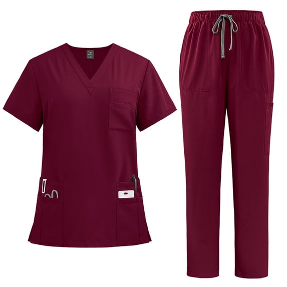 Scrubs Set Multiple Pockets V-Neck Top and Drawstring Scrub Pant - Medical Uniform Women Scrub Set Wine XL