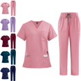 thumbnail image 1 of Scrubs Set Multiple pockets V-Neck Short Sleeved Top and Drawstring Scrub Pant Nursing Uniform Solid Stretch Workwear, 1 of 5