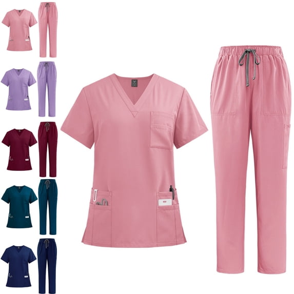 Scrubs Set Multiple pockets V-Neck Short Sleeved Top and Drawstring Scrub Pant Nursing Uniform Solid Stretch Workwear