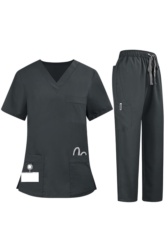 Scrubs Set Multiple pockets V-Neck Top and Drawstring Scrub Pant - Medical Uniform Women Scrub Set Gray M