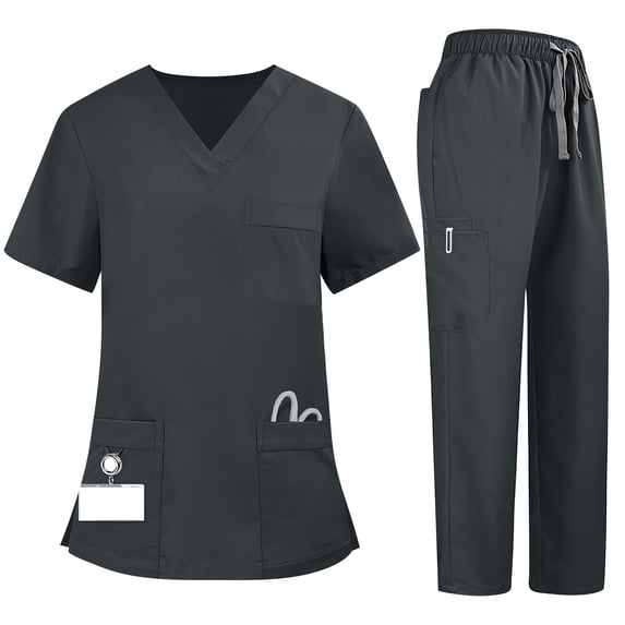 Scrubs Set Multiple pockets V-Neck Top and Drawstring Scrub Pant - Medical Uniform Women Scrub Set Gray S
