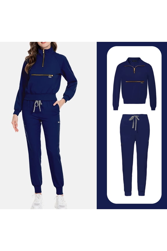 Scrubs Set,Scrub for Women Set-Long Sleeve Scrub Top with Zipper & Jogger Pants Medical Uniform Suit - Navy - XS