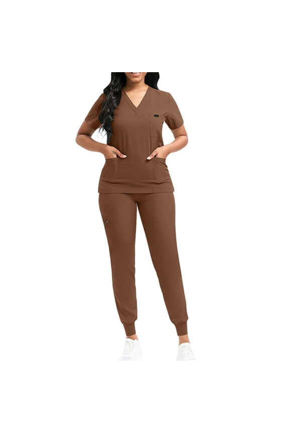 Scrubs Set,Scrubs Set for Women Nurse Uniform V-Neck Top and Drawstring Jogger Pants with Multi Pocket Nurse Workwear - Brown - L