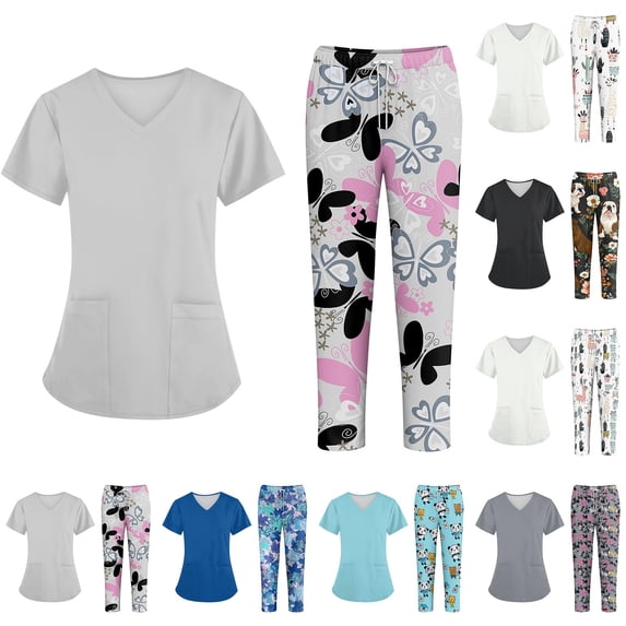 Scrubs Set Short Sleeve V Neck Solid Medical Scrub Tops and Jogger Wide Leg Floral Pants, XL