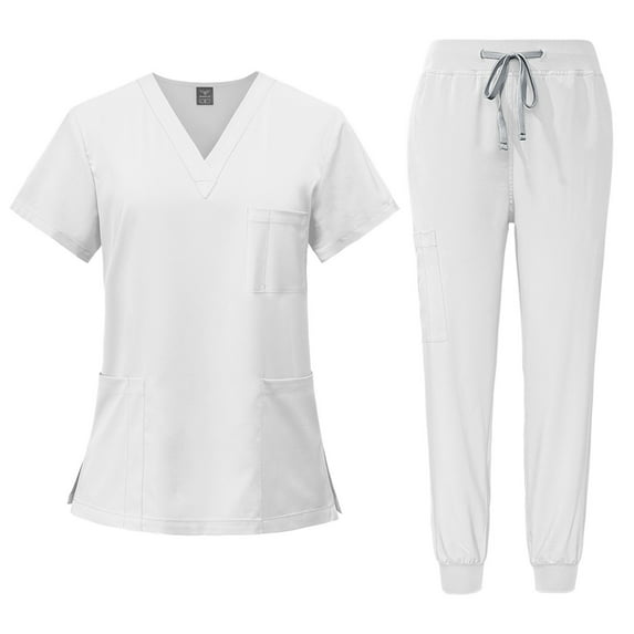 Scrubs Set for Women, Modern V-Neck Scrub Top & Jogger Scrub Pants with Multi Pockets Professionals Soft Stretch Athletic Nursing Uniform Workwear (White)