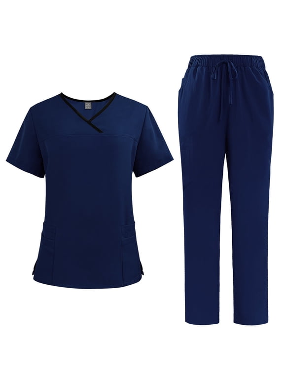 Scrubs Set for Women, Modern V-Neck Scrub Top & Jogger Scrub Pants with Multi Pockets Professionals Soft Stretch Athletic Nursing Uniform Workwear dark blue Medium