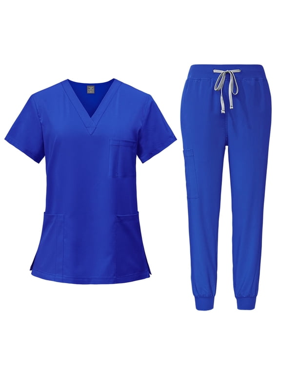 Scrubs Set for Women, Modern V-Neck Scrub Top & Jogger Scrub Pants with Multi Pockets Professionals Soft Stretch Athletic Nursing Uniform Workwear royal blue Medium
