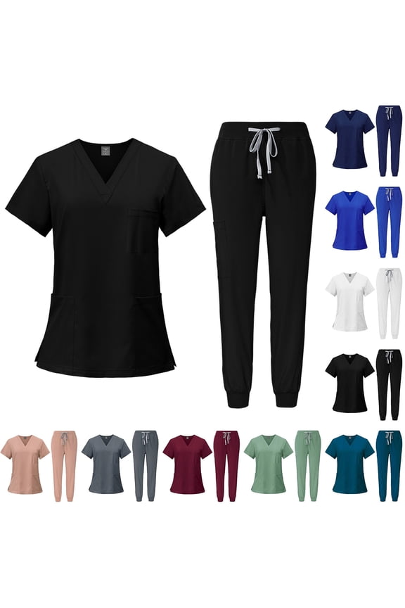 Scrubs Set for Women Nurse Uniform Jogger Suit Stretch V-Neck Short Sleeve Top & Multi Pocket Cargo Pants for Nurse Esthetician Workwear, #02 Black, S