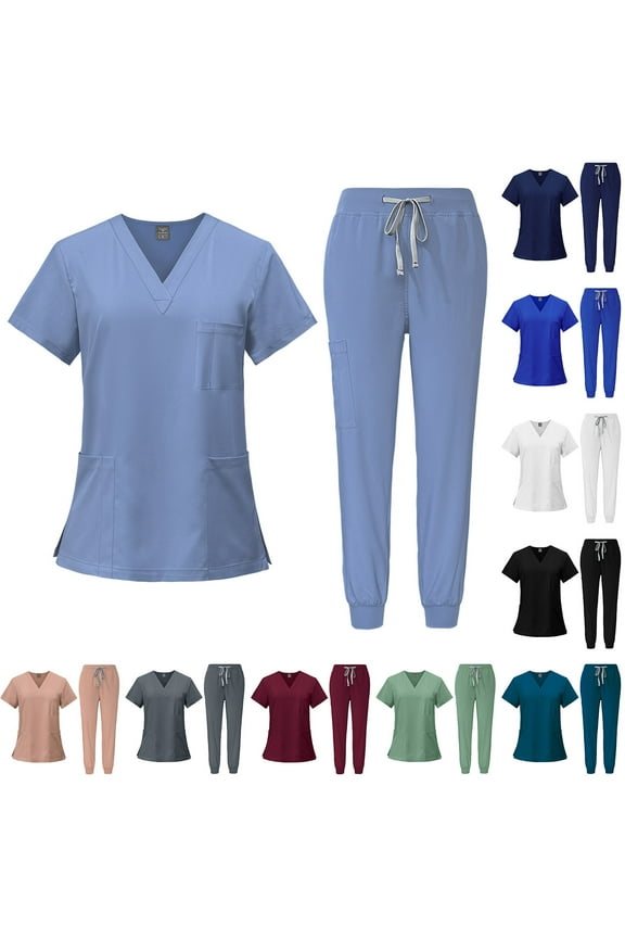 Scrubs Set for Women Nurse Uniform Jogger Suit Stretch V-Neck Short Sleeve Top & Multi Pocket Cargo Pants for Nurse Esthetician Workwear, #02 Light Blue, S