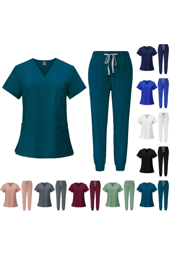 Scrubs Set for Women Nurse Uniform Jogger Suit Stretch V-Neck Short Sleeve Top & Multi Pocket Cargo Pants for Nurse Esthetician Workwear, #02 Turquoise, S