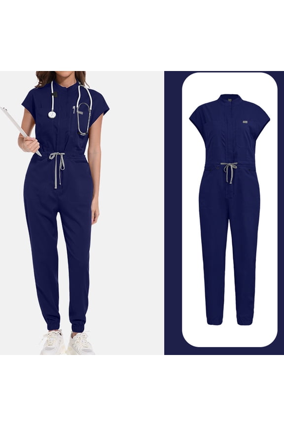 Scrubs Set,Womens Scrub Sets with Mandarin Collar,Unisex Jumpsuit Workwear,Medical Uniform for Doctors, Nurses, Beauty Salons - Navy - XS