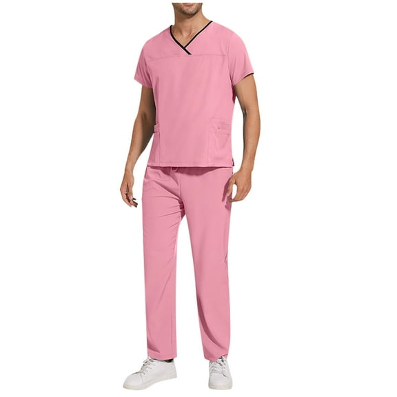 Scrubs Set for Men Classic Short Sleeve V-Neck Stretch Scrub Top and Elastic Waist Straight Pants with Pockets Work Uniforms Sets