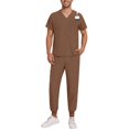 thumbnail image 1 of Scrubs Set for Men, Modern V Neck Scrub Top & Jogger Pant with 8 Pockets Professionals Soft Stretch Athletic Nursing Uniform Workwear (Light brown), 1 of 6