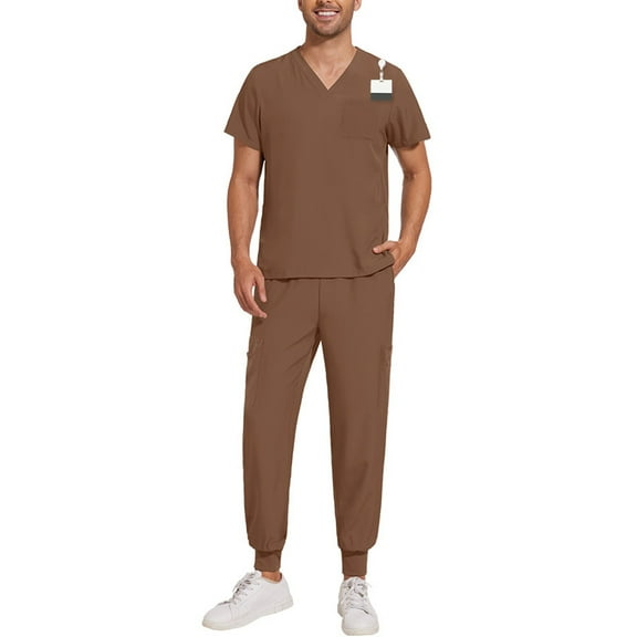 Medical Scrub Set for Men, Modern V Neck Scrub Top & Jogger Pant with 8 Pockets Professionals Soft Stretch Athletic Nursing Uniform Workwear (Light brown)
