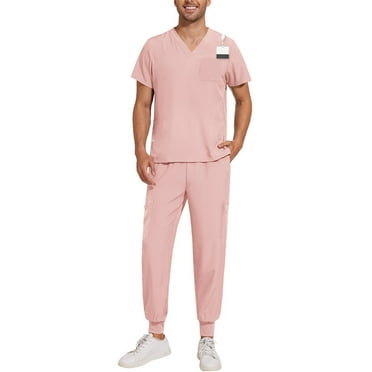 Scrubs Set for Men, Modern V-Neck Scrub Top & Jogger Scrub Pants with Multi Pockets Professionals Soft Stretch Medical Nursing Uniforms Set (Pink)