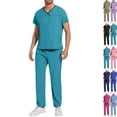 thumbnail image 1 of Scrubs Set for Mens Stretch V Neck Scrub Top and Pants Medical Uniform Anti Wrinkle Multiple Pockets Nurse Workwear Healthcare Clothing,M,Light Blue, 1 of 4