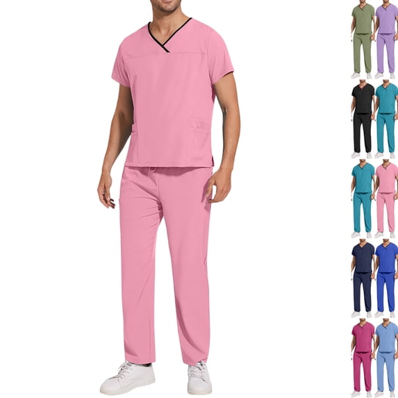 Scrubs Set for Mens Stretch V Neck Scrub Top and Pants Medical Uniform Anti Wrinkle Multiple Pockets Nurse Workwear Healthcare Clothing,S,Pink