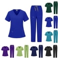 thumbnail image 1 of Scrubs Set for Women, Classic V-Neck Short Sleeve Stretch Top & Cargo Pants Yoga Waistband, Nurse Uniform with Multi Pockets, #01 Royal Blue, XL, 1 of 4