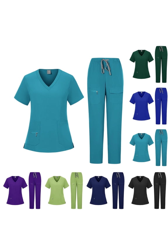 Scrubs Set for Women, Classic V-Neck Short Sleeve Stretch Top & Cargo Pants Yoga Waistband, Nurse Uniform with Multi Pockets, #01 Turquoise, S