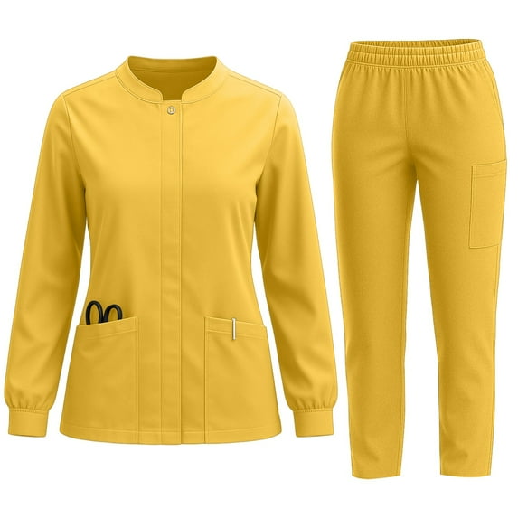 Scrubs Set for Women Long Sleeve Scrub Tops and Jogger Pant Sets with Pockets Solid Color V-Neck Nurse Uniform 13-Yellow S