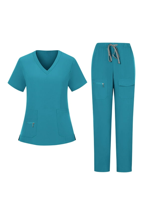 Scrubs Set for Women Loose Drawstring Pants Zipper Pocket Caregiver Short Sleeve V-Neck Blouses Nursing Uniform Set