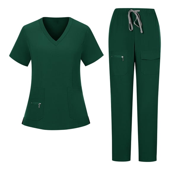 Scrubs Set for Women Loose Drawstring Pants Zipper Pocket Caregiver Short Sleeve V-Neck Blouses Nursing Uniform Set