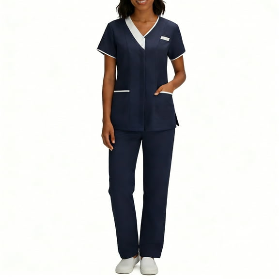 Scrubs for Women Medical Scrubs Set, Stylish Contrast Trim V-Neck Mock Wrap Top and Straight Leg Cargo Pants, 4-Way Stretch Professional Nurse Uniform, S-3X
