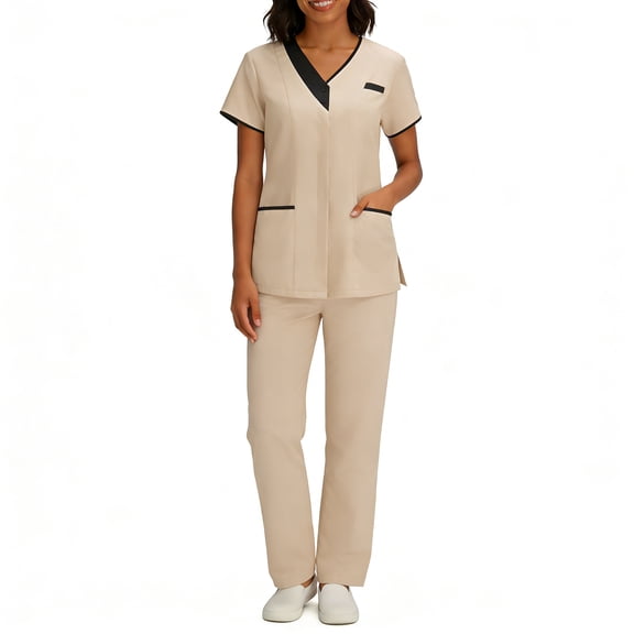 Scrubs for Women Medical Scrubs Set, Stylish Contrast Trim V-Neck Mock Wrap Top and Straight Leg Cargo Pants, 4-Way Stretch Professional Nurse Uniform, S-3X