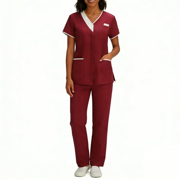 Scrubs for Women Medical Scrubs Set, Stylish Contrast Trim V-Neck Mock Wrap Top and Straight Leg Cargo Pants, 4-Way Stretch Professional Nurse Uniform, S-3X