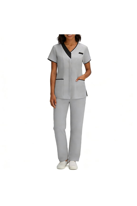Scrubs for Women Medical Scrubs Set, Stylish Contrast Trim V-Neck Mock Wrap Top and Straight Leg Cargo Pants, 4-Way Stretch Professional Nurse Uniform, S-3X