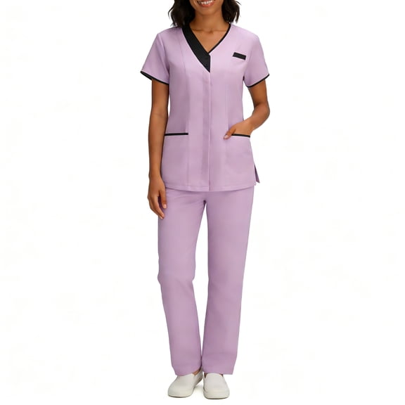 Scrubs for Women Medical Scrubs Set, Stylish Contrast Trim V-Neck Mock Wrap Top and Straight Leg Cargo Pants, 4-Way Stretch Professional Nurse Uniform, S-3X