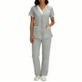 thumbnail image 1 of Scrubs for Women Medical Scrubs Set, Stylish Contrast Trim V-Neck Mock Wrap Top and Straight Leg Cargo Pants, 4-Way Stretch Professional Nurse Uniform, S-3X, 1 of 9