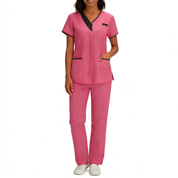 Scrubs for Women Medical Scrubs Set, Stylish Contrast Trim V-Neck Mock Wrap Top and Straight Leg Cargo Pants, 4-Way Stretch Professional Nurse Uniform, S-3X