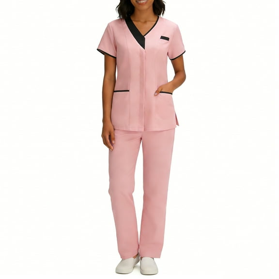 Scrubs for Women Medical Scrubs Set, Stylish Contrast Trim V-Neck Mock Wrap Top and Straight Leg Cargo Pants, 4-Way Stretch Professional Nurse Uniform, S-3X