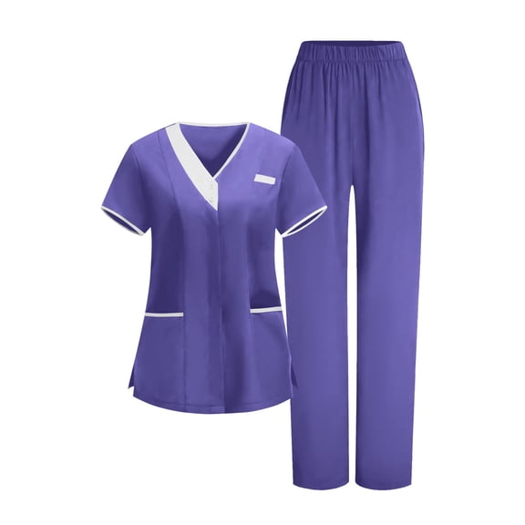 Scrubs for Women Medical Scrubs Set, Stylish Contrast Trim V-Neck Mock Wrap Top and Straight Leg Cargo Pants, 4-Way Stretch Professional Nurse Uniform, S-3X