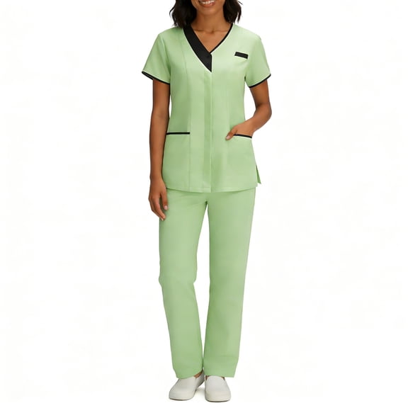 Scrubs for Women Medical Scrubs Set, Stylish Contrast Trim V-Neck Mock Wrap Top and Straight Leg Cargo Pants, 4-Way Stretch Professional Nurse Uniform, S-3X
