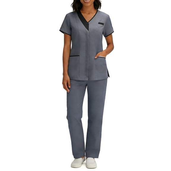 Scrubs for Women Medical Scrubs Set, Stylish Contrast Trim V-Neck Mock Wrap Top and Straight Leg Cargo Pants, 4-Way Stretch Professional Nurse Uniform, S-3X