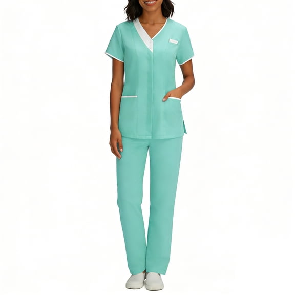 Scrubs for Women Medical Scrubs Set, Stylish Contrast Trim V-Neck Mock Wrap Top and Straight Leg Cargo Pants, 4-Way Stretch Professional Nurse Uniform, S-3X