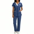 thumbnail image 1 of Scrubs for Women Medical Scrubs Set, Stylish Contrast Trim V-Neck Mock Wrap Top and Straight Leg Cargo Pants, 4-Way Stretch Professional Nurse Uniform, S-3X, 1 of 9