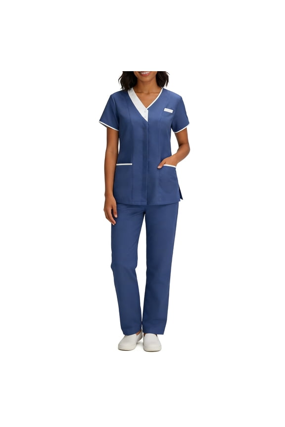 Scrubs for Women Medical Scrubs Set, Stylish Contrast Trim V-Neck Mock Wrap Top and Straight Leg Cargo Pants, 4-Way Stretch Professional Nurse Uniform, S-3X