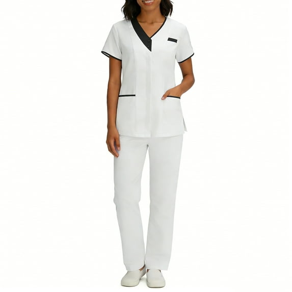 Scrubs for Women Medical Scrubs Set, Stylish Contrast Trim V-Neck Mock Wrap Top and Straight Leg Cargo Pants, 4-Way Stretch Professional Nurse Uniform, S-3X