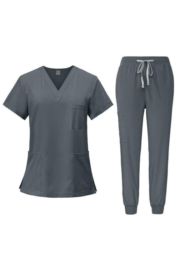 Scrubs Set for Women, Modern V Neck Scrub Top & Jogger Pant with 8 Pockets Professionals Soft Stretch Athletic Nursing Uniform Workwear gray Small