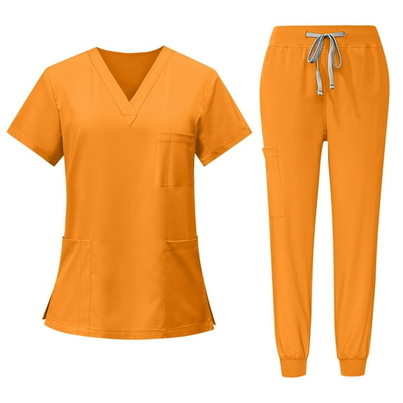 Scrubs Set for Women, Modern V Neck Scrub Top & Jogger Pant with 8 Pockets Professionals Soft Stretch Medical Nursing Uniforms Set (Orange)