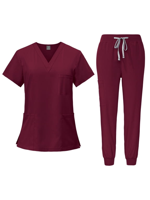Scrubs for Women Set, Modern V-Neck Scrub Top & Jogger Scrub Pants with Multi Pockets Professionals Soft Stretch Athletic Nursing Uniform Workwear wine X-Large
