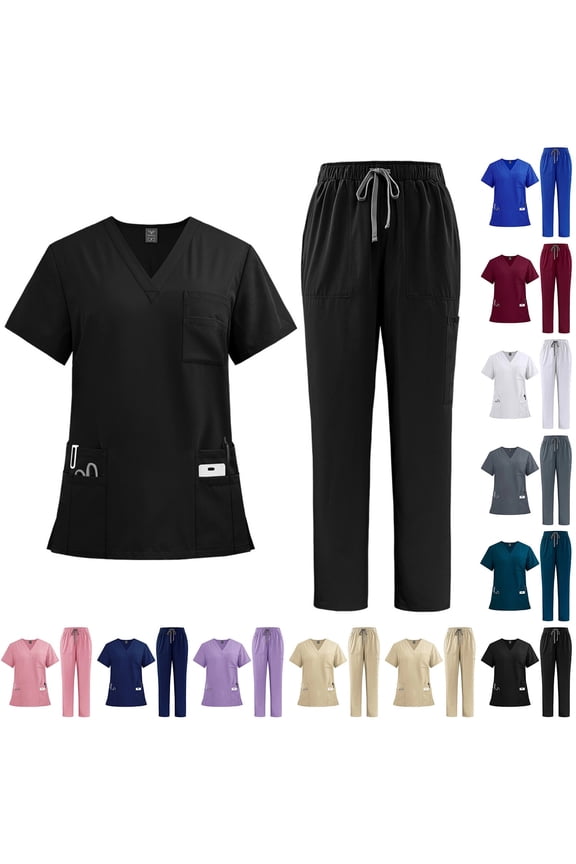 Scrubs Set for Women Nurse Professionals Uniforms Set V Neck Short Sleeve Top & Multi-Pocket Cargo Pants, 4-Way Stretch, #02 Black, M