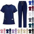 thumbnail image 1 of Scrubs Set for Women Nurse Professionals Uniforms Set V Neck Short Sleeve Top & Multi-Pocket Cargo Pants, 4-Way Stretch, #02 Dark Blue, L, 1 of 3