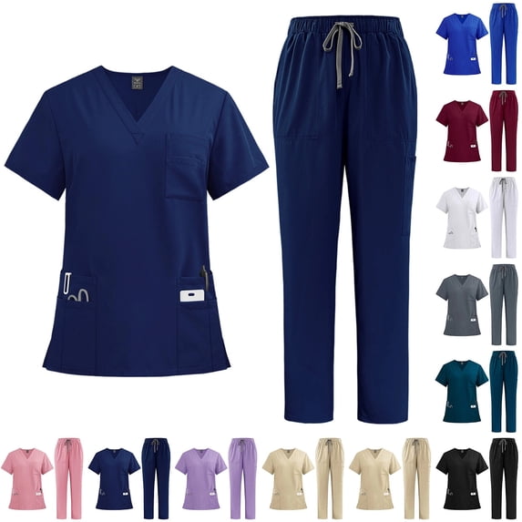 Scrubs Set for Women Nurse Professionals Uniforms Set V Neck Short Sleeve Top & Multi-Pocket Cargo Pants, 4-Way Stretch, #02 Dark Blue, L