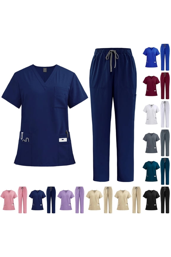 Scrubs Set for Women Nurse Professionals Uniforms Set V Neck Short Sleeve Top & Multi-Pocket Cargo Pants, 4-Way Stretch, #02 Dark Blue, L