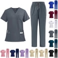thumbnail image 1 of Scrubs Set for Women Nurse Professionals Uniforms Set V Neck Short Sleeve Top & Multi-Pocket Cargo Pants, 4-Way Stretch, #02 Dark Gray, XL, 1 of 3