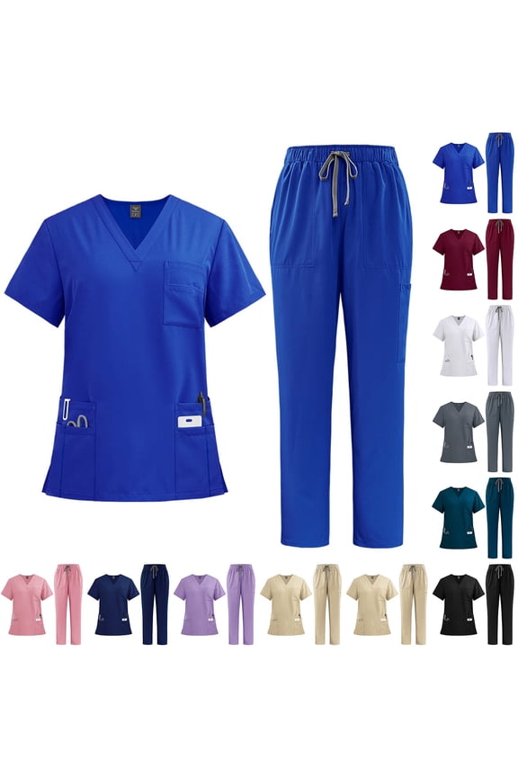 Scrubs Set for Women Nurse Professionals Uniforms Set V Neck Short Sleeve Top & Multi-Pocket Cargo Pants, 4-Way Stretch, #02 Royal Blue, S
